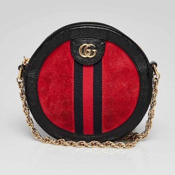 Gucci Red Suede/Patent Leather Ophidia Mini Circle Camera Bag - Picture 1 of 12